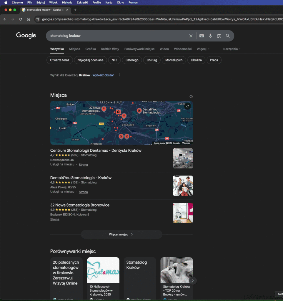 Widok wyników lokalnych w Google dla zapytania 'stomatolog Kraków' – mapka oraz trzy wizytówki firm z opiniami i adresami
