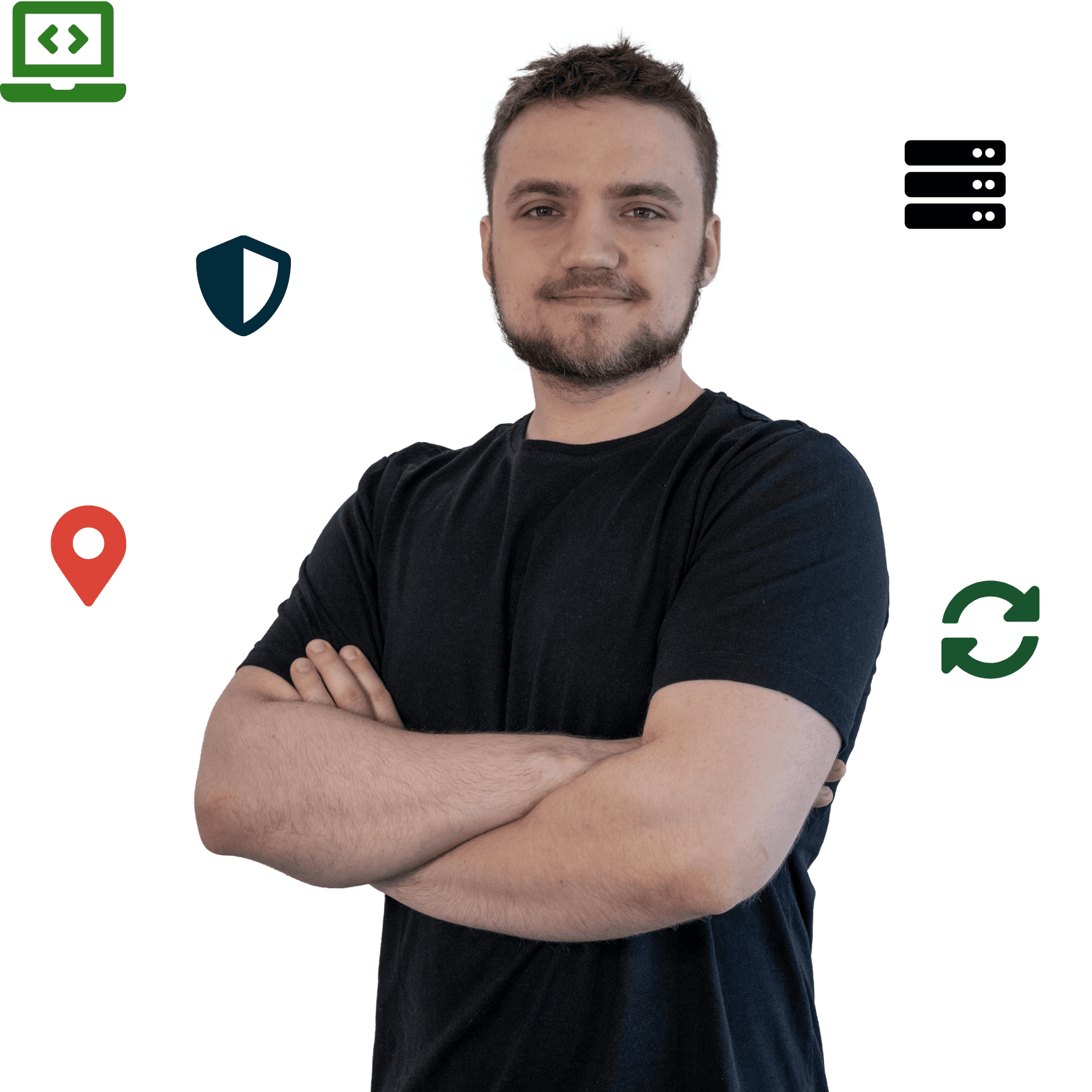 Zdjęcie eksperta na tle nowoczesnych ikon symbolizujących tworzenie stron, SEO oraz opiekę techniczną.