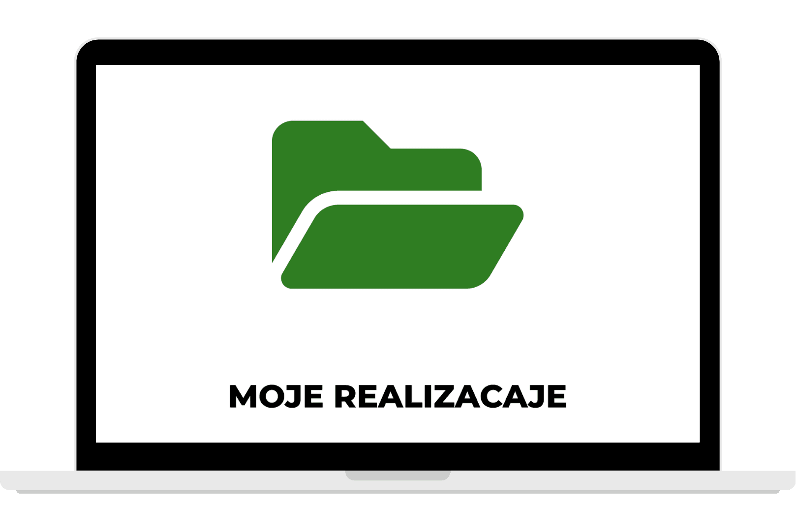 Grafika przedstawiająca otwarty biały laptop z zieloną ikoną folderu na ekranie i napisem „MOJE REALIZACJE”.