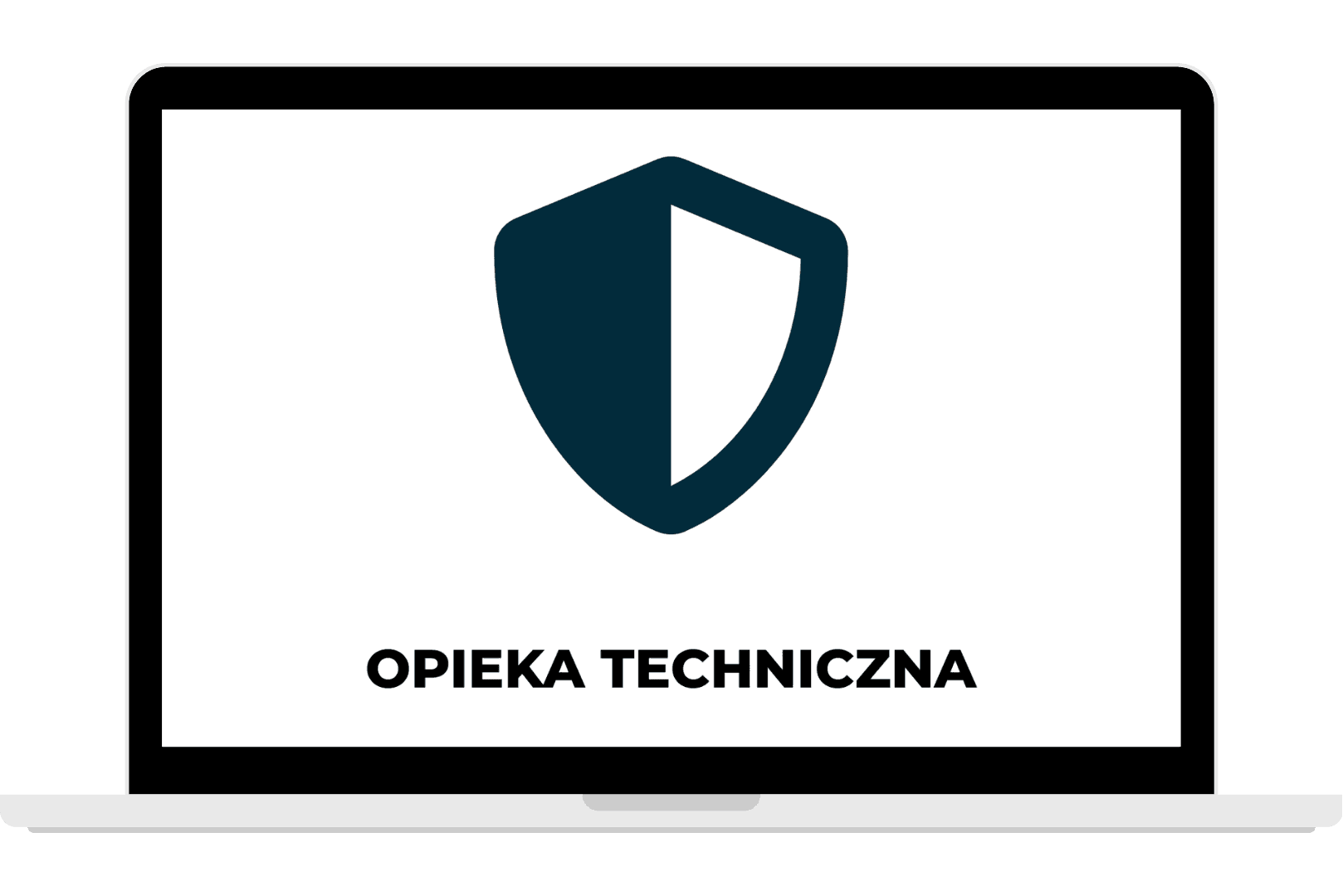 Grafika przedstawiająca otwarty biały laptop z ikoną ciemnej tarczy na ekranie i napisem „OPIEKA TECHNICZNA”.
