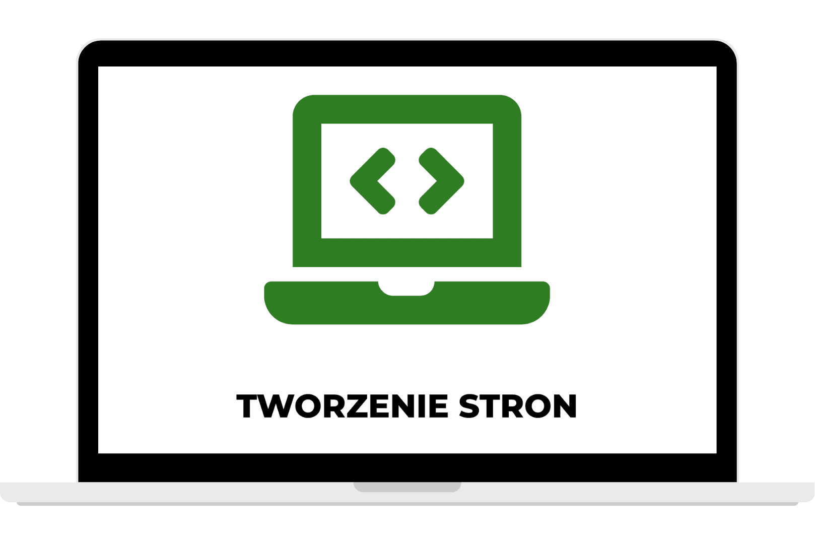 Grafika przedstawiająca otwarty biały laptop z zieloną ikoną kodu na ekranie i napisem „TWORZENIE STRON”.