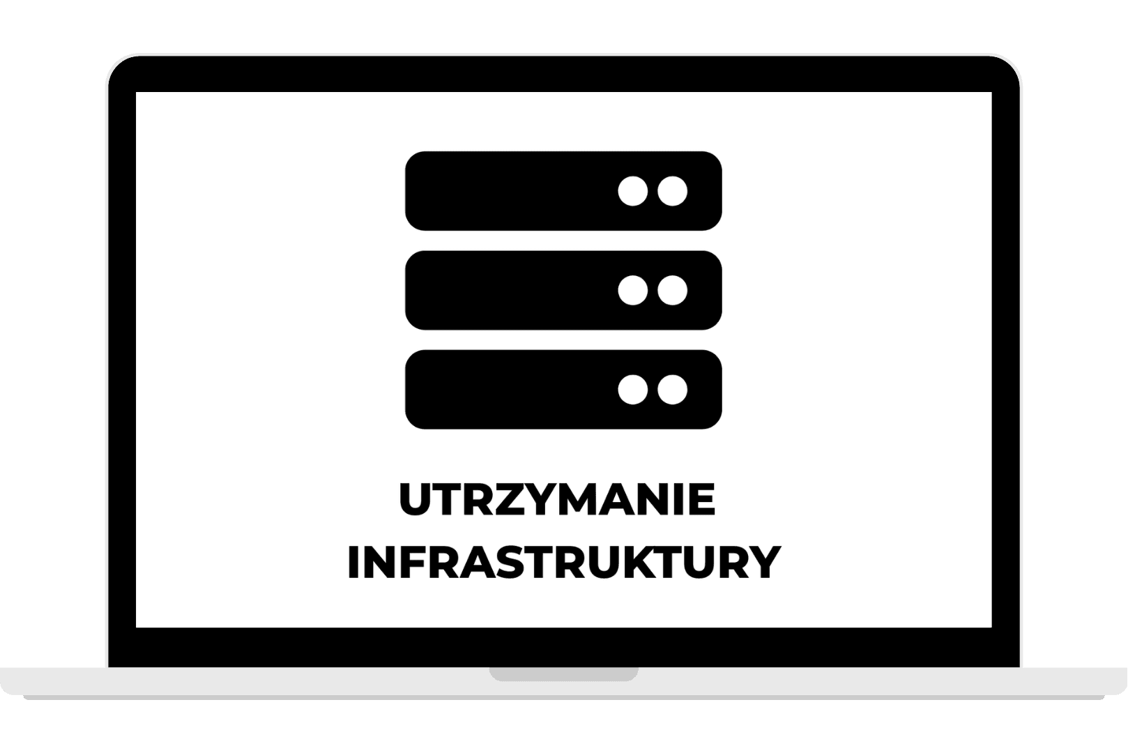 Grafika przedstawiająca otwarty biały laptop z zieloną ikoną serwera na ekranie i napisem „UTRZYMANIE INFRASTRUKTURY”.
