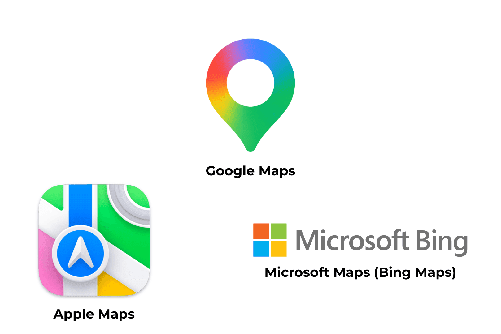 Zestawienie kolorowych logotypów Google Maps, Apple Maps oraz Microsoft Bing Maps na białym tle – wizualizacja trzech głównych systemów nawigacji.