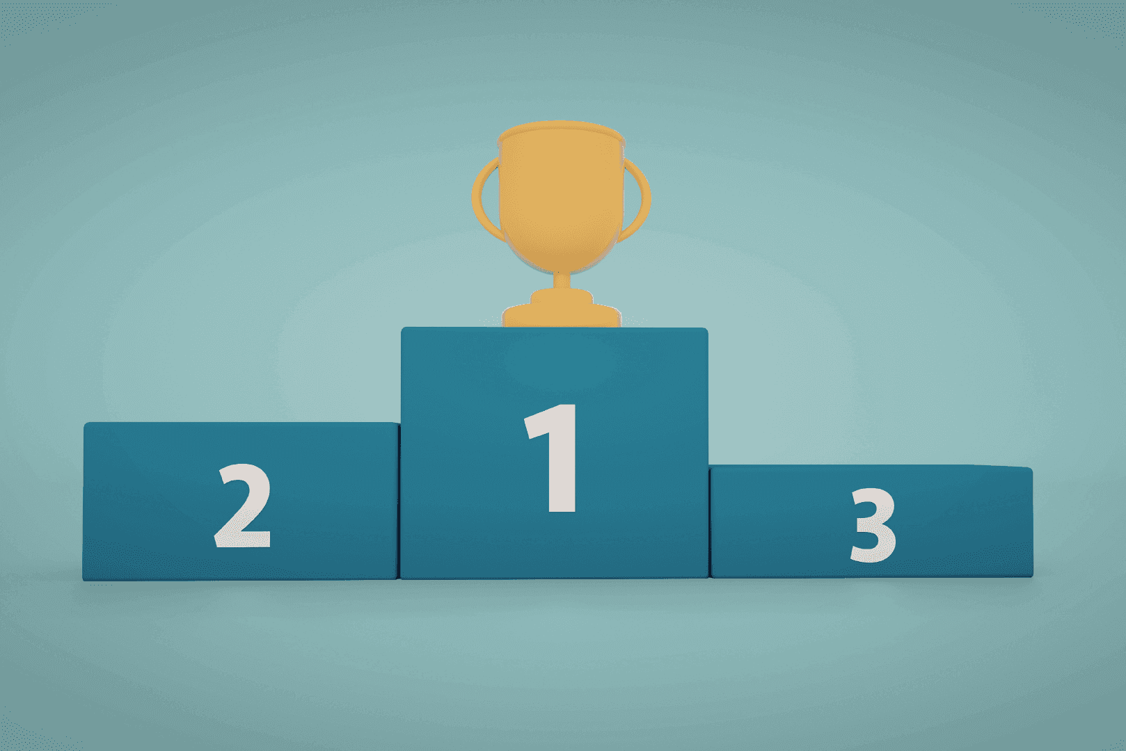 Niebieskie podium z numerami 1, 2 i 3, na którego najwyższym stopniu stoi złoty puchar – symbol walki o pozycję TOP 3 w Mapach Google.