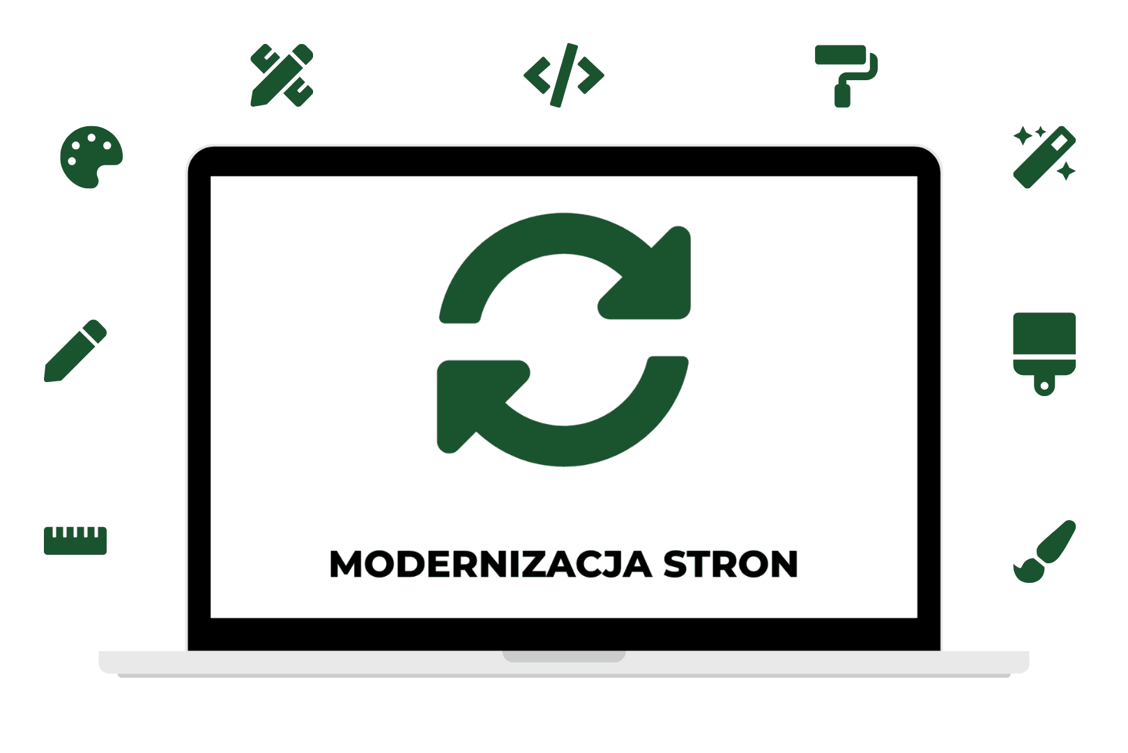 Biały laptop z napisem „MODERNIZACJA STRON” i ikoną zielonych strzałek odświeżania na ekranie, otoczony ikonami narzędzi kreatywnych i technicznych.