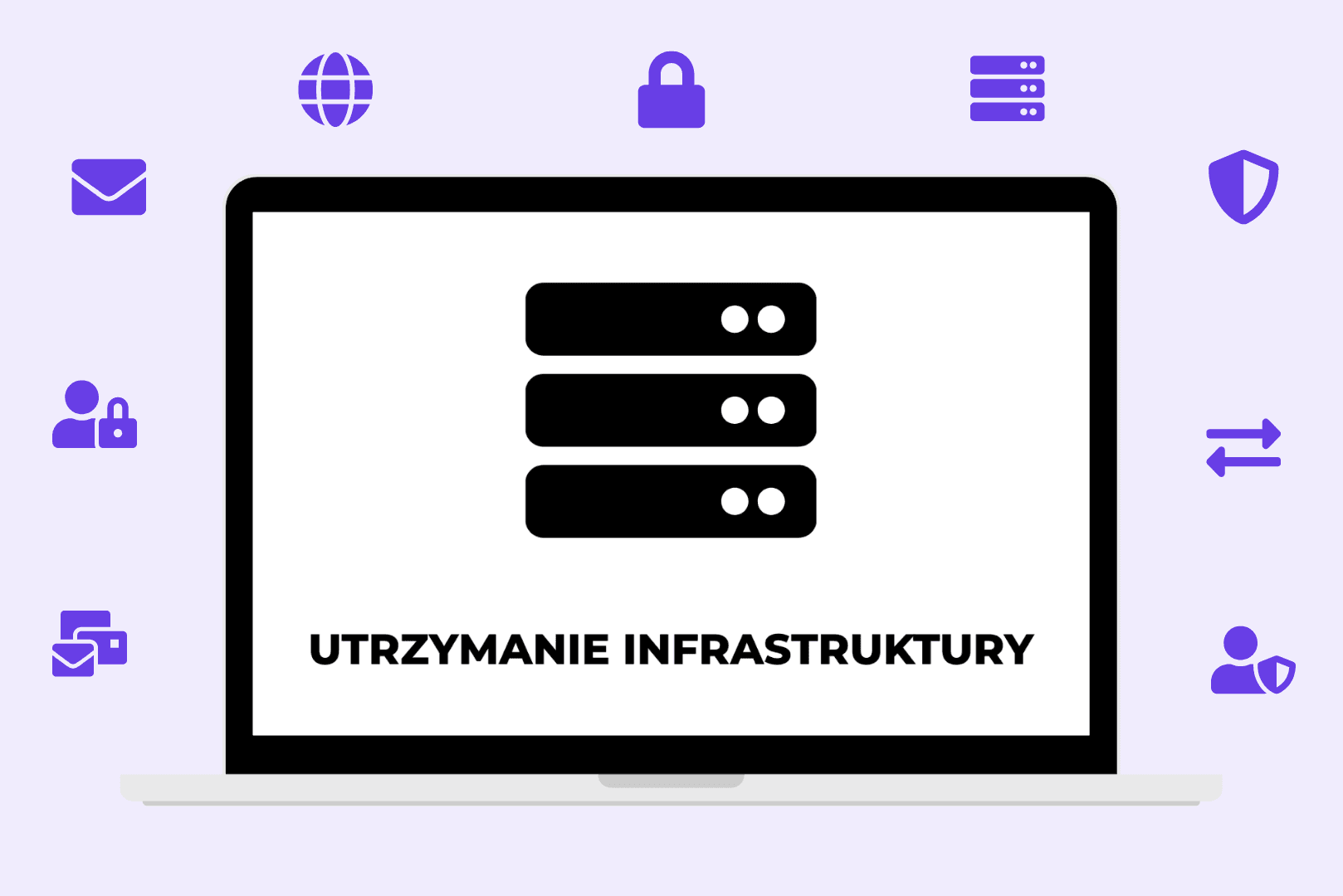 Biały laptop z ikoną trzech czarnych serwerów i napisem „UTRZYMANIE INFRASTRUKTURY” na ekranie, otoczony fioletowymi ikonami bezpieczeństwa i sieci.