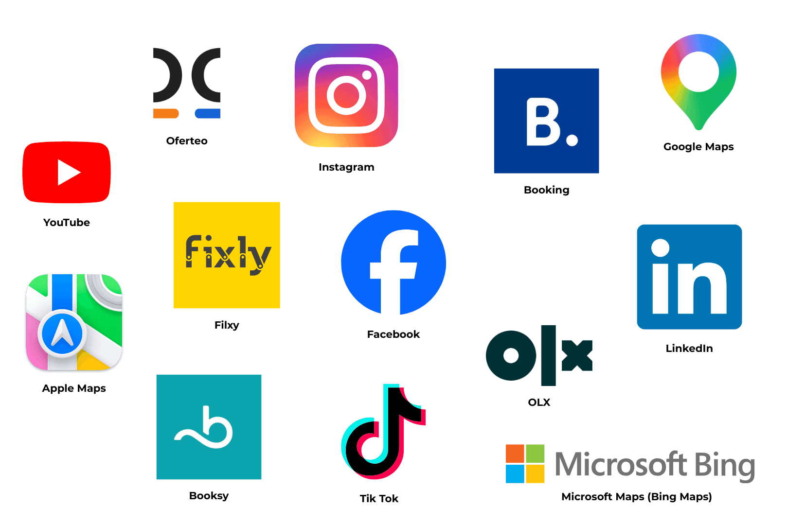 Zestawienie ikon i logotypów popularnych serwisów (Facebook, Instagram, OLX, Booksy, Booking i inne) na jasnym tle – wizualizacja integracji strony www z zewnętrznymi portalami.