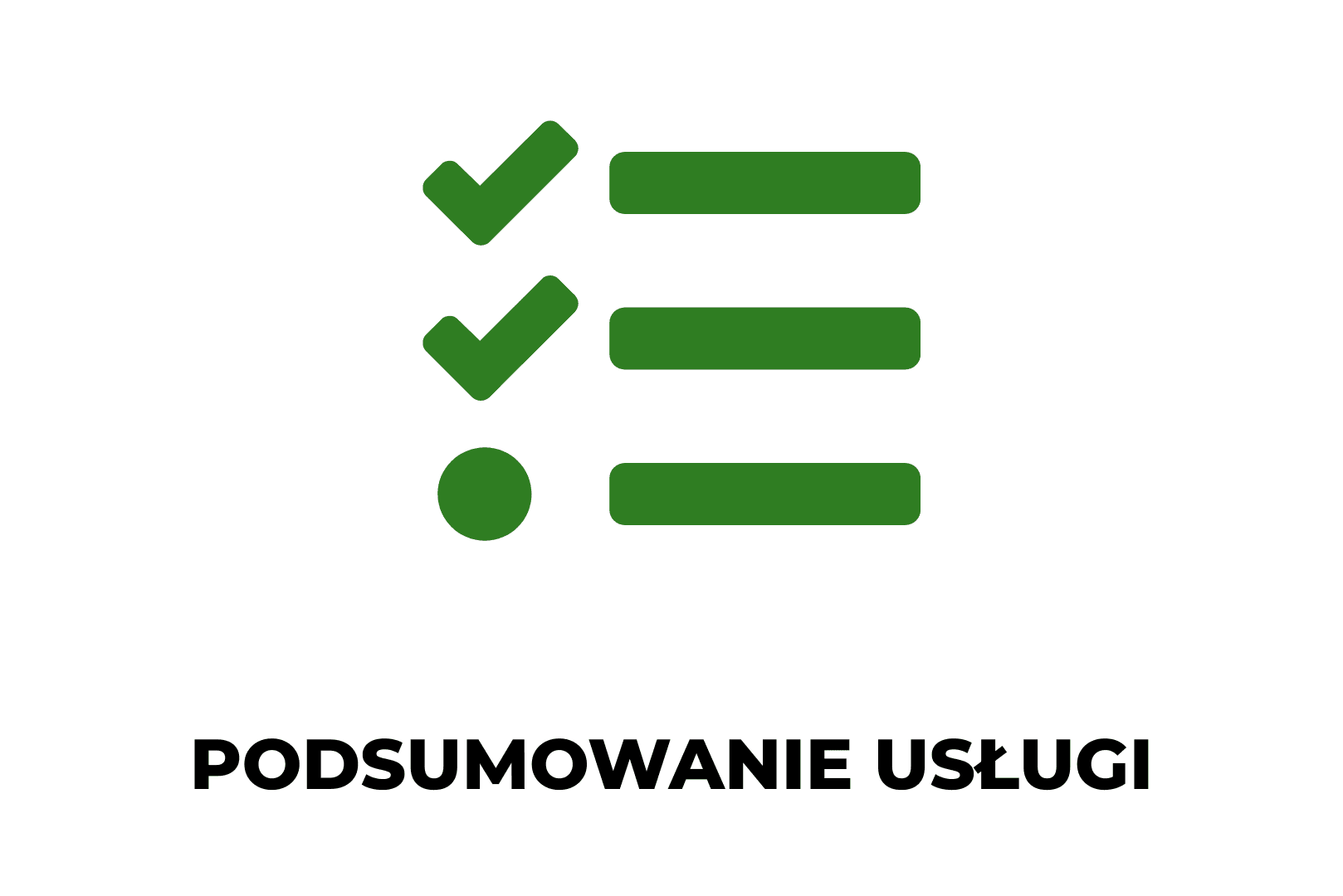 Grafika z napisem „PODSUMOWANIE USŁUGI Tworzenie stron” oraz zieloną ikoną listy kontrolnej (checklista) – wizualne zamknięcie oferty profesjonalnej budowy witryny.