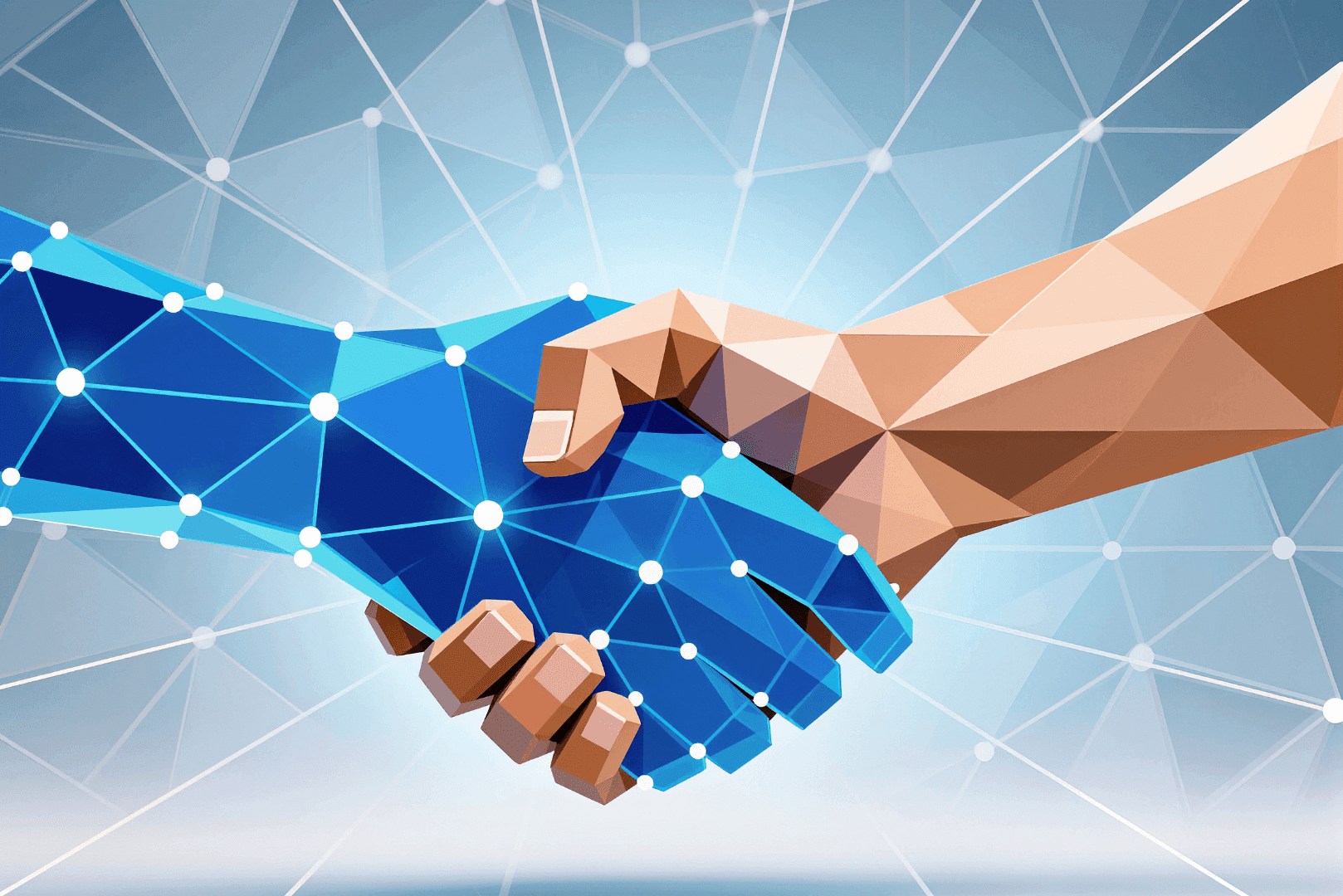 Dwie dłonie w geście uścisku, z których jedna jest zbudowana z niebieskiej sieci połączeń cyfrowych – symbol partnerskiego wsparcia technicznego.