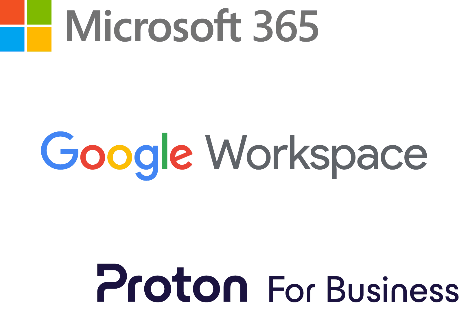 Zestawienie kolorowych logotypów usług Microsoft 365, Google Workspace oraz Proton For Business na białym tle.